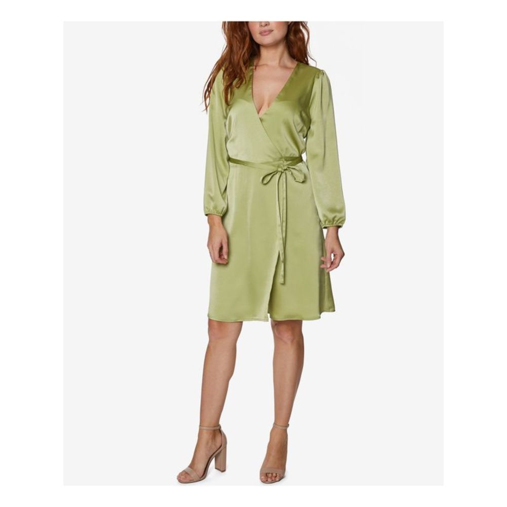 BCBGENERATION Womens Green Tie Satin Long Sleeve Above The Knee Wrap Dress 2